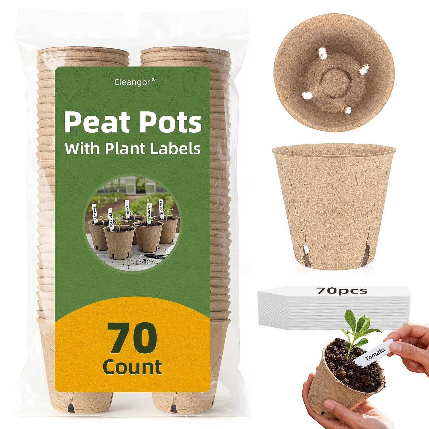 CLEANGOR 70Pcs Biodegradable 4â Peat Pots with 70Pcs Plant Labels, Biodegradable Seed Starter Pots with Drainage Holes, Nursery Pots for Seedlings, Herbs, Vegetables, Flowers, Gardening Kit