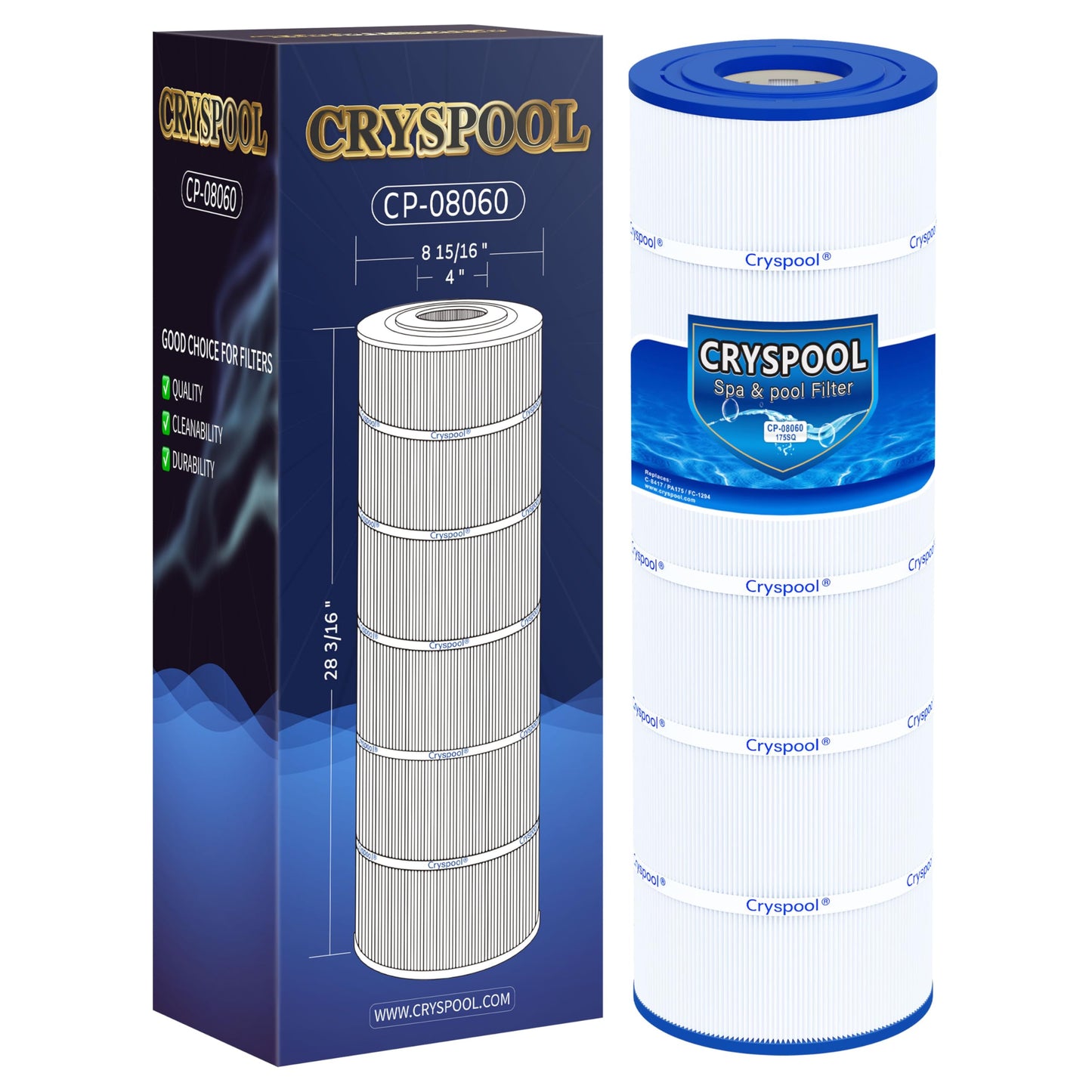 Cryspool® 08060 Filter Compatible with CX1750RE, C1750, C1750E, C1900RE, PA175, C-8417, FC-1294, 817-0175P, 175 Sq. Ft Pool Filter Cartridge, 1 Pack