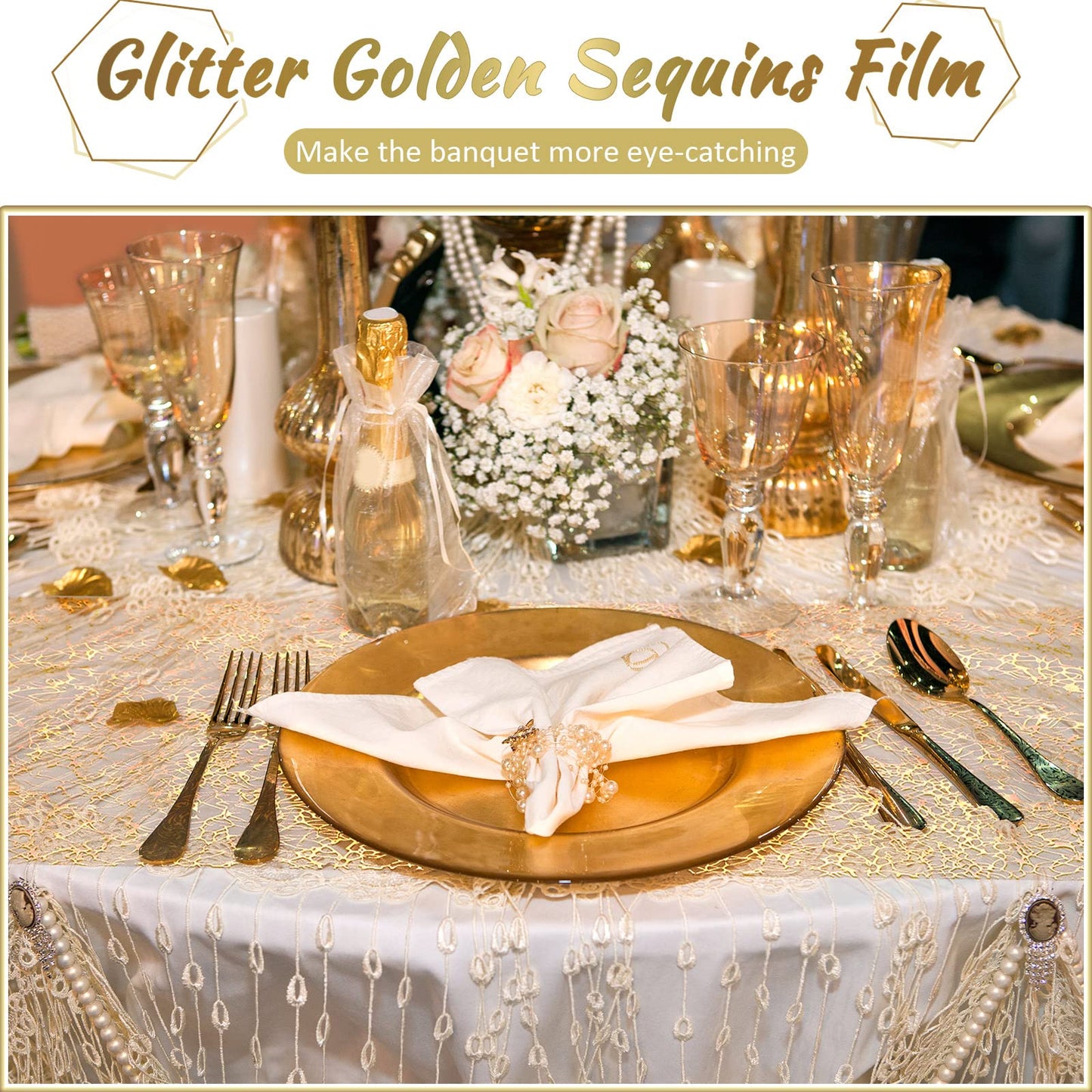 Chumia 12 Pieces Gold Table Runner 12 x 85 Inch Sequin Glitter Table Runner Roll Metallic Thin Mesh Fabric Decor for Party Wedding Shower Birthday Baby Shower Party Supplies