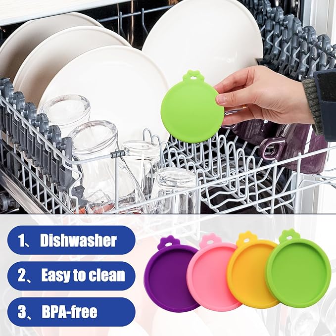 PINE & LINEN 4 Pcs 2.5inch Durable Pet Can Lids,Silicone Small Pet Can Covers Waterproof Cat Food Cans Lids for 3 oz Cat Food Cans(Purple+Pink+Green+Yellow)