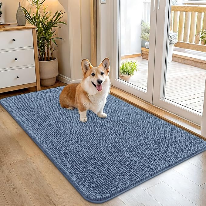 OLANLY Dog Door Mat for Muddy Paws 45x27, Absorbs Moisture and Dirt, Absorbent Non-Slip Washable Doormat, Quick Dry Chenille Mud Mat for Dogs, Entry Indoor Entryway Carpet for Inside Floor, Airy Blue