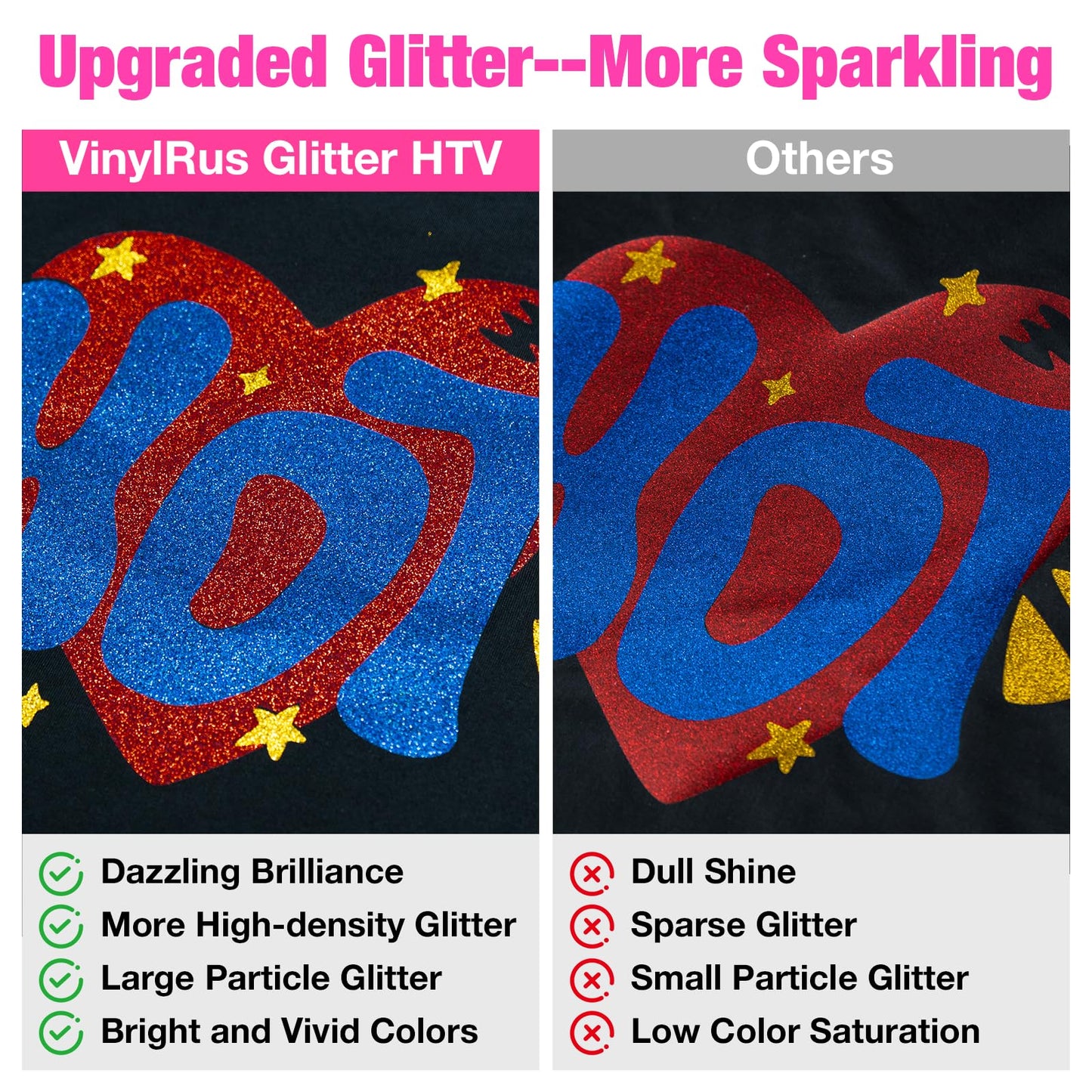 VinylRus Hot Pink Glitter HTV Heat Transfer Vinyl Roll - 12 x 10ft Pink Glitter HTV Vinyl for T-Shirt Clothing Bags, Iron on Vinyl for All Cutter Machines - Easy to Cut and Weed
