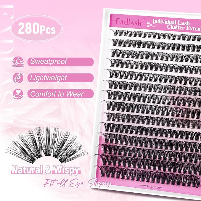 FADLASH Lash Clusters Kit Lash Extensions Individual Lashes D Curl 12-18mm Eyelash Clusters with Lash Bond and Seal Lash Tweezers Natural Lash Clusters Kit 280Pcs