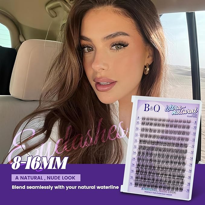 B&Q Wispy Lash Clusters Kit, Natural 05, Individual False Eyelashes Extension Set, Undetectable Natural Look for Effortless Day-to-Night Beauty, from Office Elegance to Date Night Glamour(8-16mix)