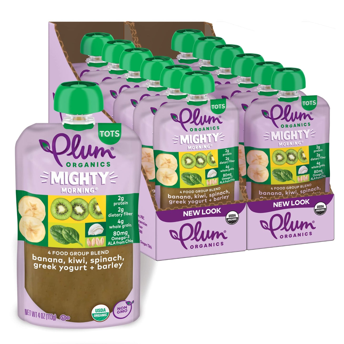 Plum Organics - +12 Months Organic Baby Food - Banana, Kiwi, Spinach, Greek Yogurt & Barley - Non-GMO - On-The-Go Pouches for Baby & Toddler Meals - Quality Tested Ingredients - 4 oz (Pack Of 12)
