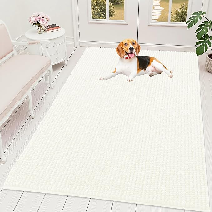 OLANLY Dog Door Mat for Muddy Paws 70x46, Ultra Absorbent Chenille Mud Doormat, Non-Slip Washable and Dirt Trapping Doormat for Indoor Entryway, Quick-Dry Indoor Pet Bed Mats for Dogs, Ivory