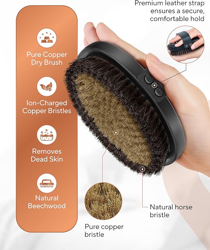 TheraCopper Copper Body Brush - Premium Ionic Copper Dry Brushing Body Brush for Lymphatic Drainage - Natural Copper-Bristles for Exfoliation, Cellulite Reduction, Improve Circulation & Radiant Skin