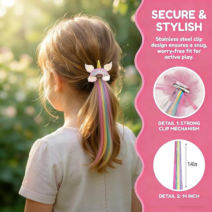 Little World Hair Clips for Girls, 6 Pcs Rainbow Hair Extensions, Unicorn Hair Clips for Girls Toddler Kids Ponytails, Hand-made Cute Glitter Hair Accessories