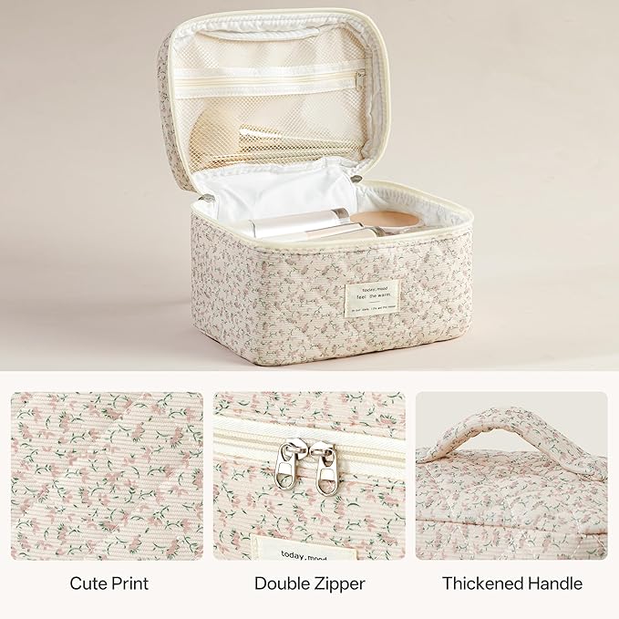 HBselect Quilted Makeup Bag, 3PCS Cotton Large Travel Makeup Bag, Cute Floral Coquette Make up Bag Cosmetic Bag Toiletry Bag for Women Girls