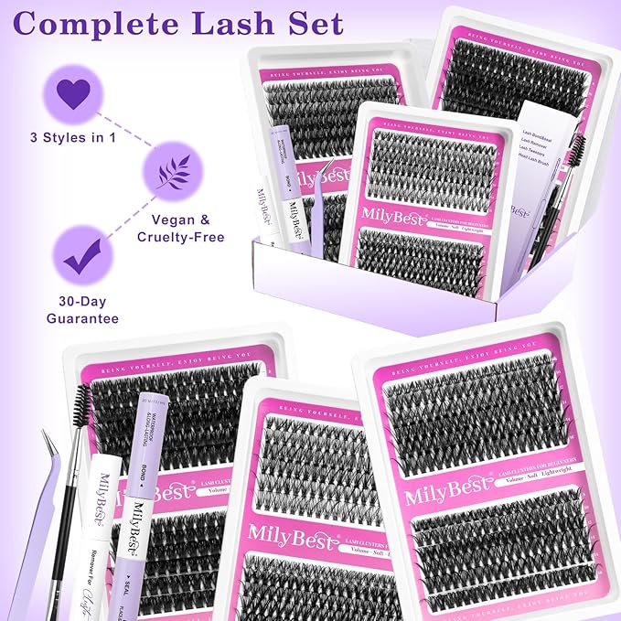 MilyBest Lashes Clusters Kit 684Pcs Bulk Wispy False Eyelash Extensions, Natural Lash Clusters D Curl Individual Eyelashes Volume, Wholesale 3 Large Packs with Lash Glue&Seal|Tweezers|Remover|Brush