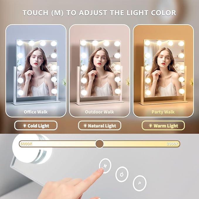 Vanity Makeup Mirror with Lights,3 Color Lighting Modes Detachable 10X Magnification Mirror Touch Control,360°Rotation, White (14.6Inch)