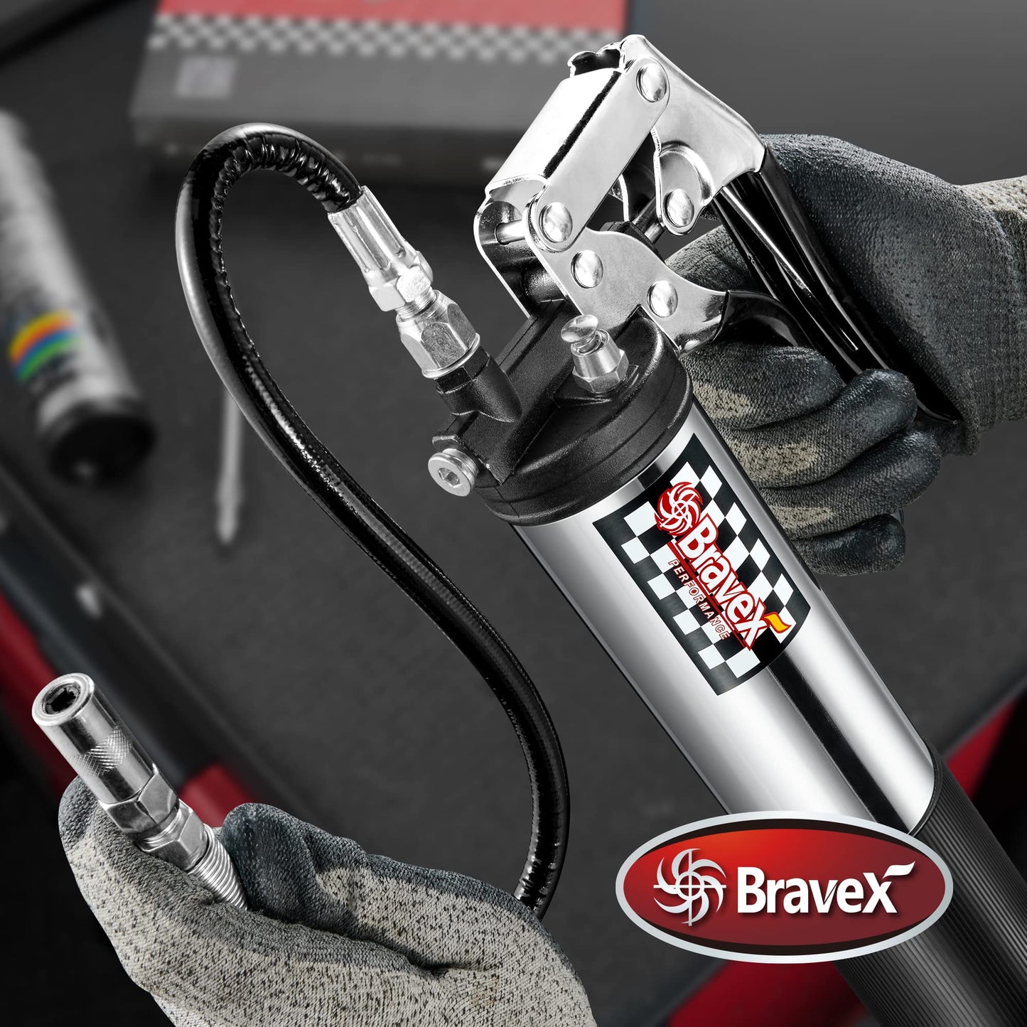 Bravex Heavy Duty Professional Pistol Grip Grease Gun 6000 PSI - 18 inch Flex Hose …