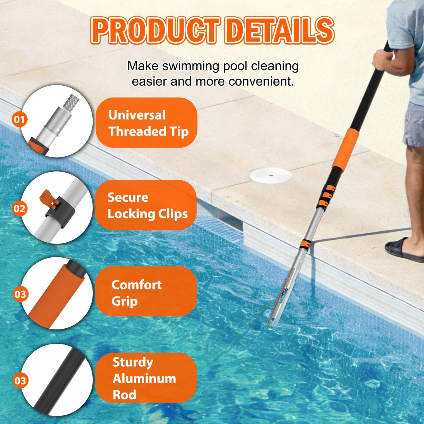 SISIUPASSIE 20FT Telescopic Pool Pole, Heavy Duty Swimming Pool Pole Adjustable Length, Aluminium Aolly, Universal Pole for Skimmer Nets, Vacuum Heads and Brushes