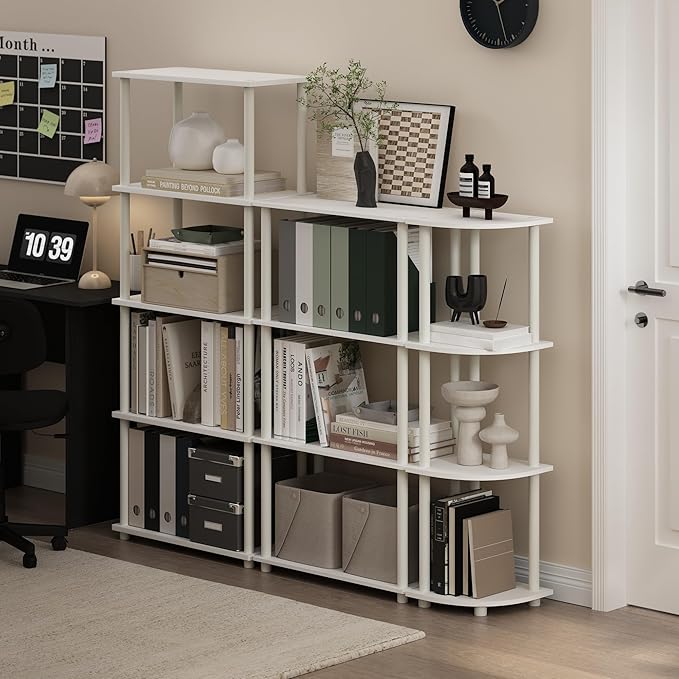 Furinno Turn-N-Tube Storage Shelves, 4-Tier Toolless Book Shelf, Corner Shelf, Toolless Open Shelves, for Organization and Storage, Living Room, Garage, Home Office, White