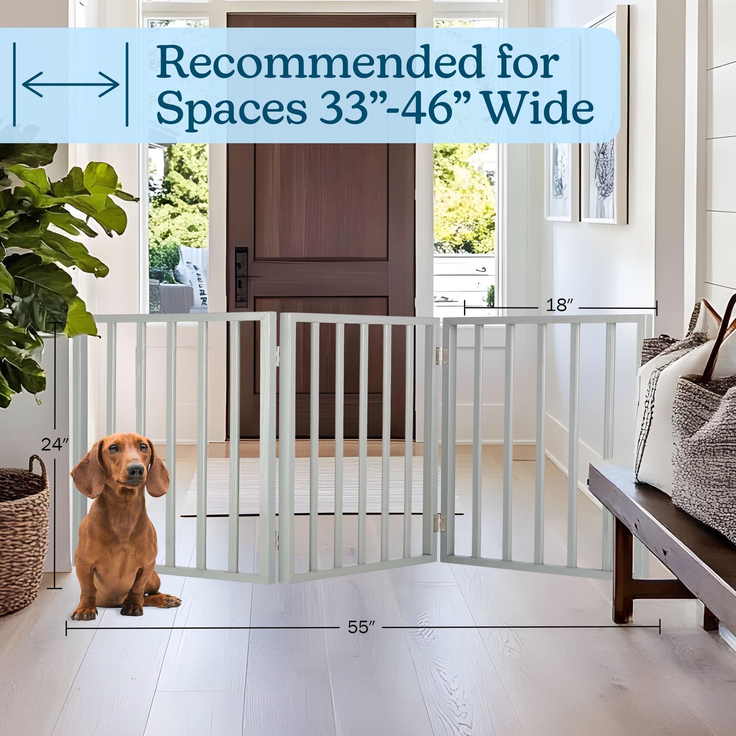 Pet Gate - 3-Panel Indoor Foldable Dog Fence for Stairs, Hallways, or Doorways - 54x24-Inch Retractable Wood Freestanding Dog Gates by PETMAKER (Gray)