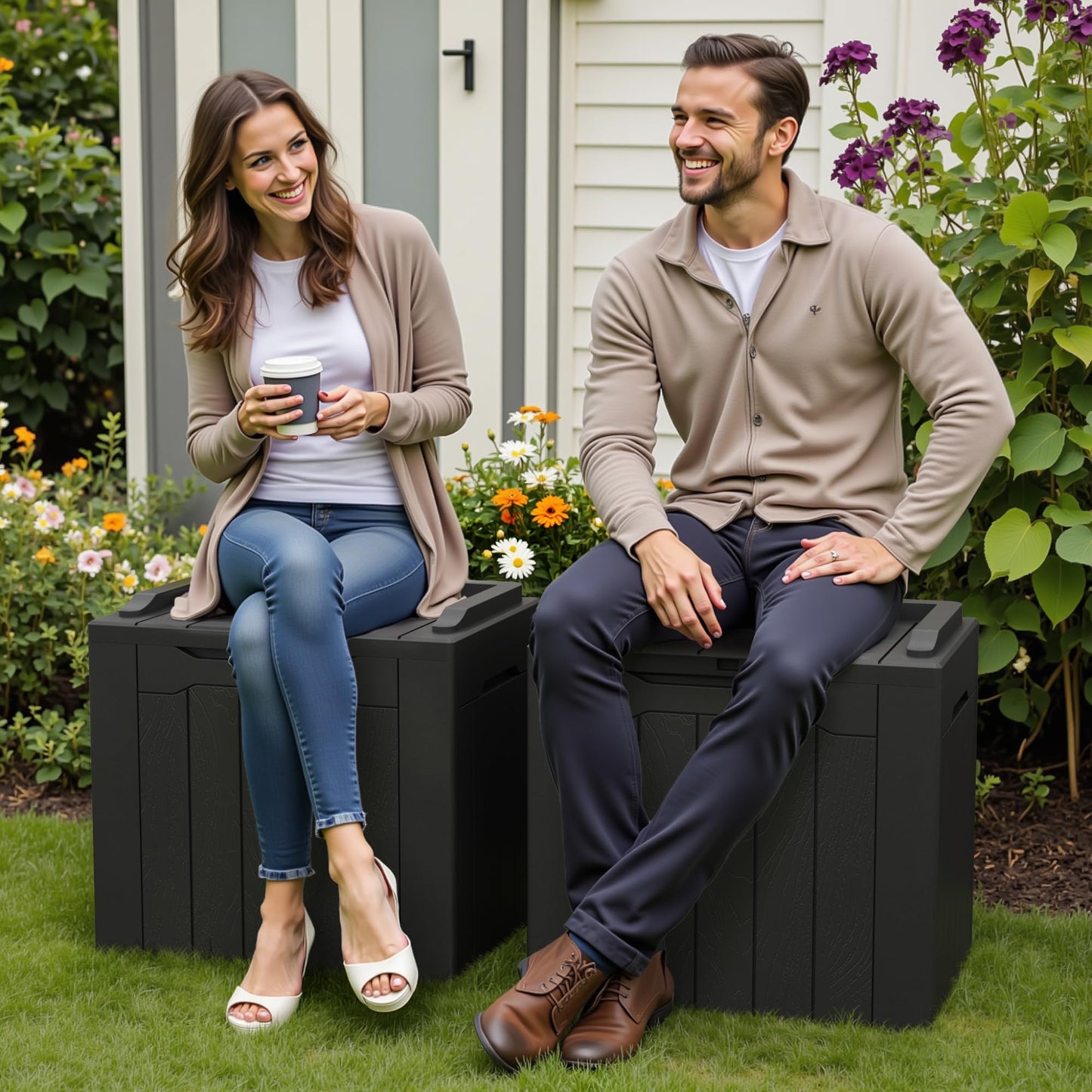 Greesum 31 Gallon Deck Box for Outside, All Weather Outdoor Storage Boxes for Patio Furniture Set, Package Delivery Box, Garden Tools, Black(Set of 2)