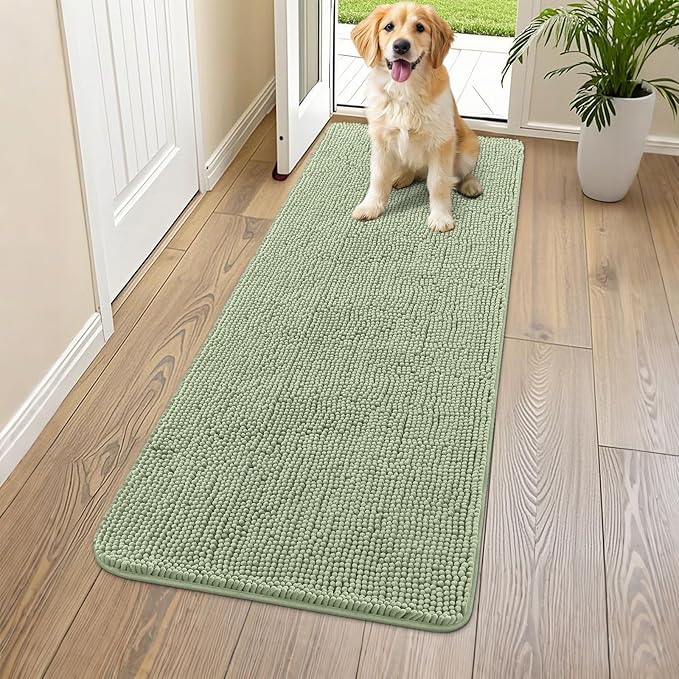 Smiry Dog Door Mat for Muddy Paws 59x24, Absorbs Moisture and Dirt Doormat, Non-Slip Washable Quick Dry Chenille Front Door Mat Indoor Entrance, Entryway Carpet for Inside Floor, Sage Green