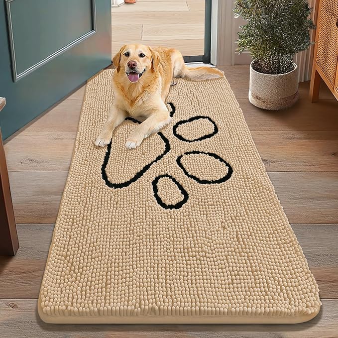 Smiry Dog Door Mat for Muddy Paws, Absorbent Dirt Trapper Non Slip Quick Dry Washable Chenille Mat for Mud Dogs, Entry Rug for Indoor and Outdoor (48x30 Inches, Beige and Black)