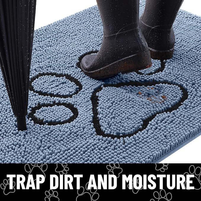 Smiry Dog Door Mat for Muddy Paws, Absorbent Dirt Trapper Non Slip Quick Dry Washable Chenille Mat for Mud Dogs, Entry Rug for Indoor and Outdoor (36x24 Inches, Airy Blue and Black)