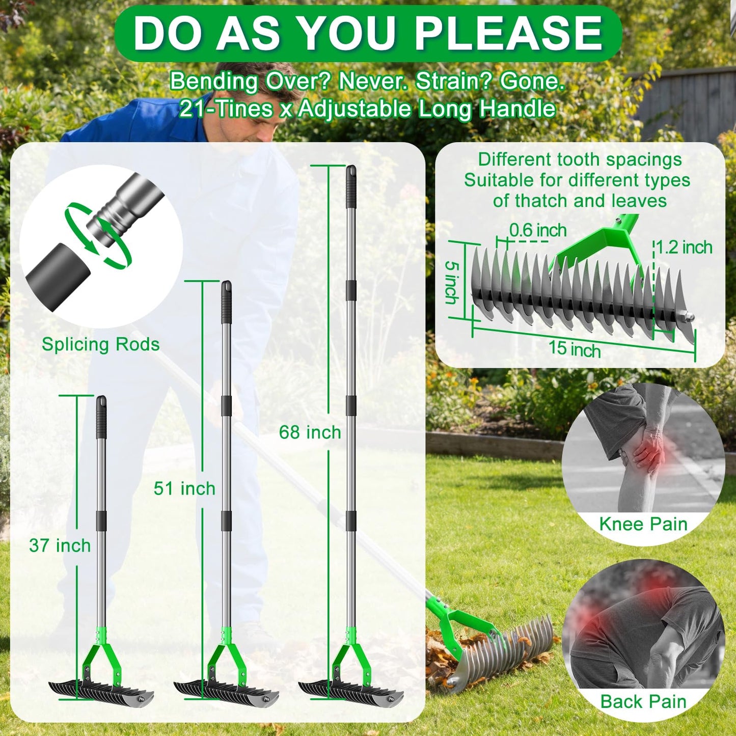 Thatch Rake for Lawn with 68" Adjustable Handle, 15" Heavy Duty Dethatcher Rake for Lawn, Thatching Rake with Dual-Action Tines, Dethatching Rake for Efficiently Removes Dead Grass, Loosens Soil