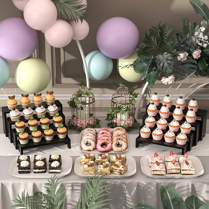 4 Set Black Wooden Tiered Riser Display Stands for Vendor Events,Stackable Wood Cupcake Stand,Farmhouse Decor Wood Dessert Table Display Set,Vendor Booth Display Items,Food Display Risers for Party