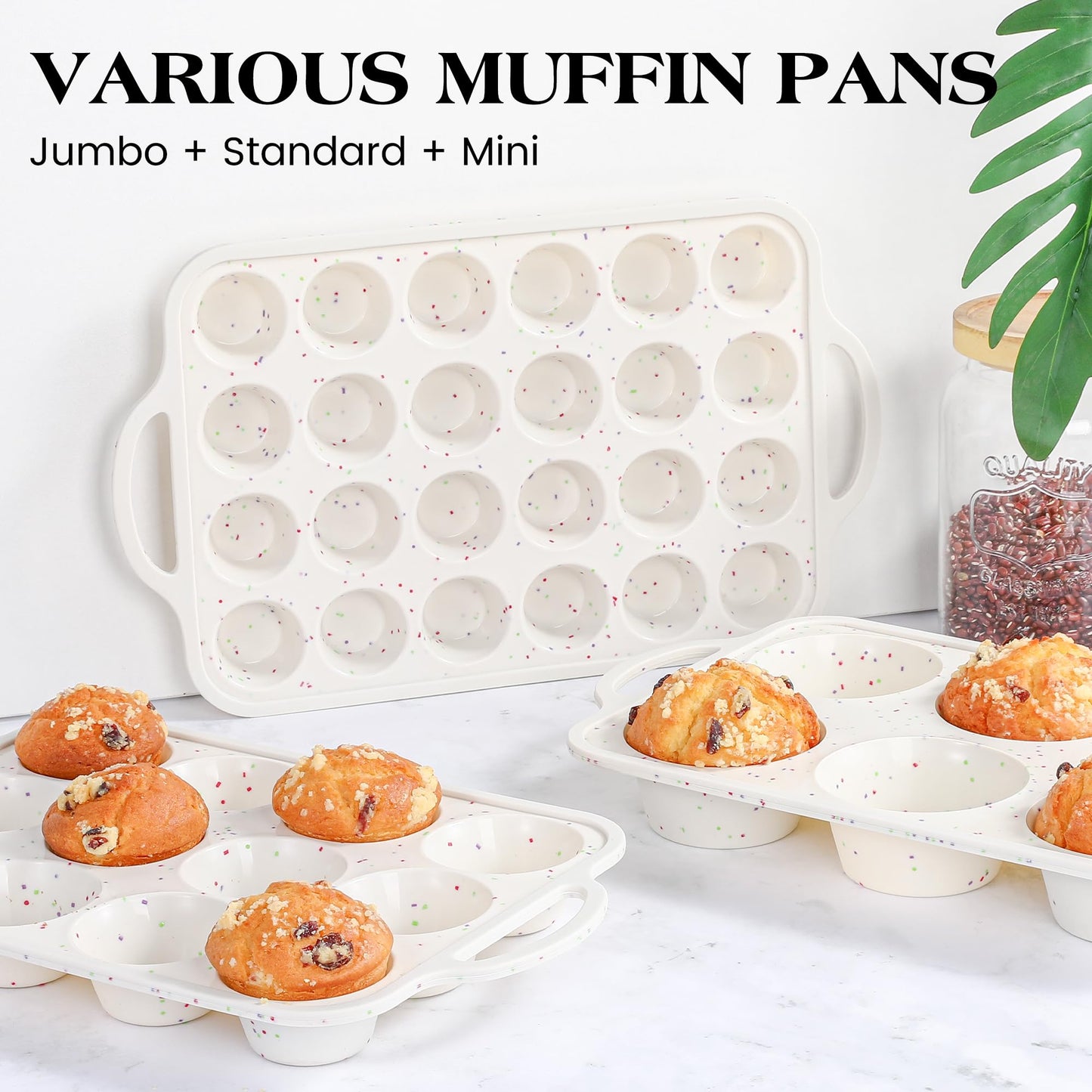 AOTASO 2 Pcs Silicone Mini Muffin Pan With Metal Frame, 24 Cups Nonstick Cupcake Tray for Baking, Small Muffin Molds with Handles (Cream)