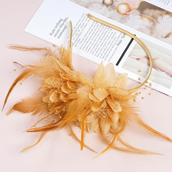 Womens Fascinators Hats Tea Party Hats for Women, Feather Pearl Veil Headband for Wedding Cocktail Dresses Accessories