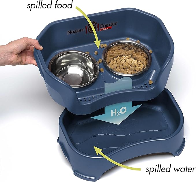 Neater Feeder Deluxe Mess Proof Dog Bowls Elevated for Small Breeds – Made in USA – No Spill Raised Dog Food Bowl Stand w/Leg Extensions – Stainless Steel Food and Water Bowl Set – Dark Blue