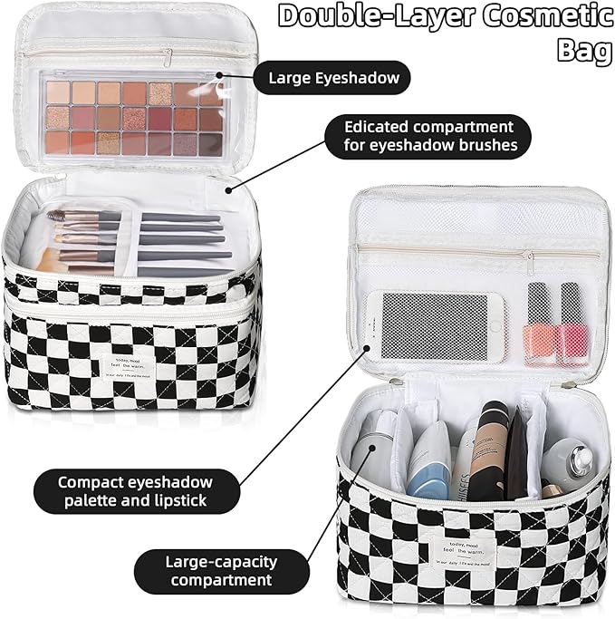 Makeup Bag, Portable Travel Make up Bag, Large Capacity Quilted Cosmetic Organizer Bag, Cute Floral Toiletry Bag for Women Girls