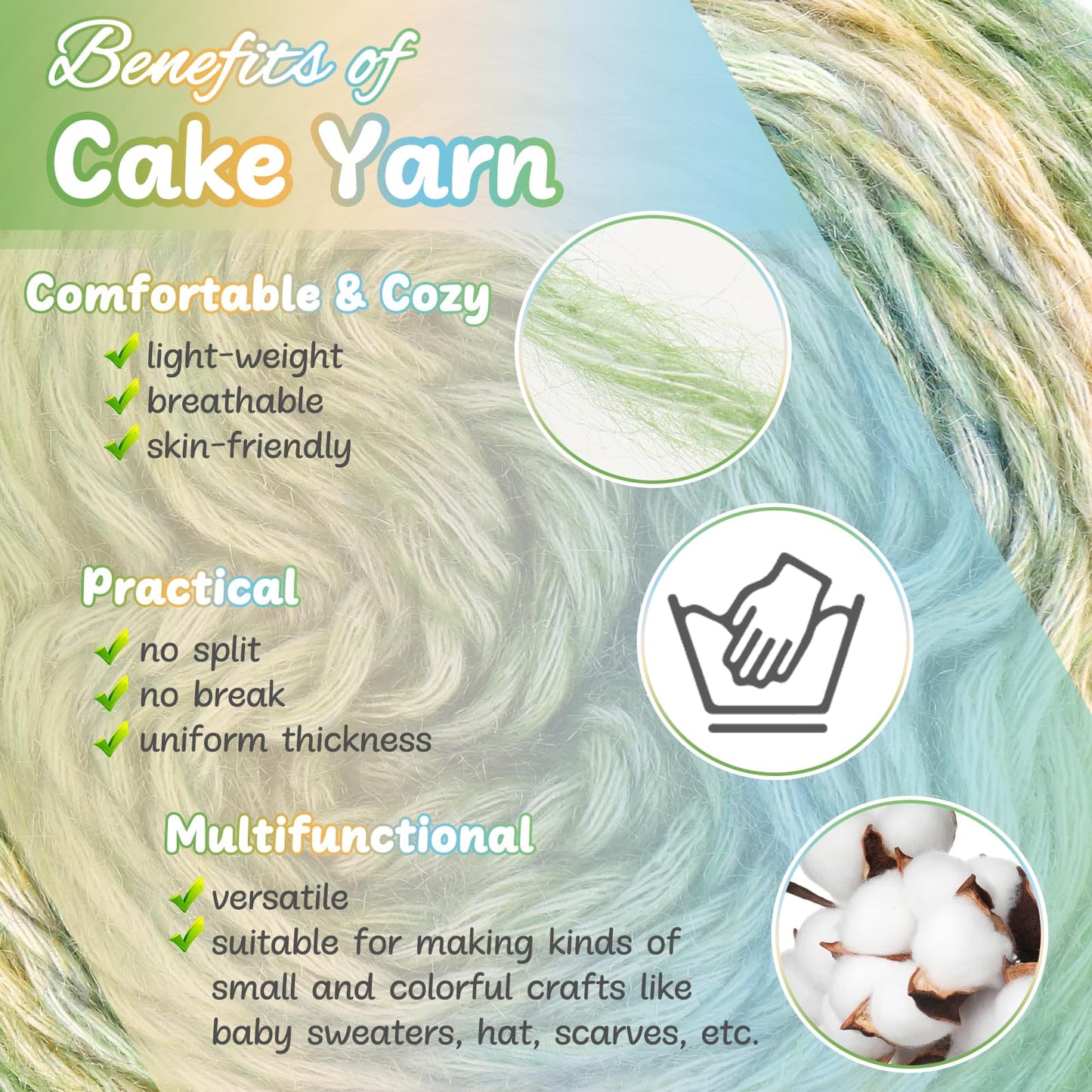 Aeelike Cake Yarn for Crocheting, 3 Skeins Gradient Cake Yarn 100g (3.52 oz) 245m (267 Yards), Super Soft Ombré Yarns Cake Rainbow Cotton Yarn for Making Colorful Crafts, Green Gradient
