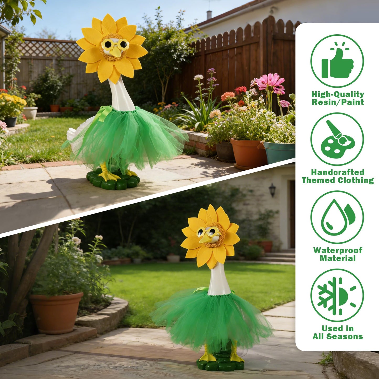 20" Porch Goose Statue with Sunflower Sunglasses Outfit – Large Resin Garden Duck Sculpture – Weatherproof Outdoor Yard Art & Indoor Decor – Whimsical Housewarming Gift for Women, Mom & Garden Lovers