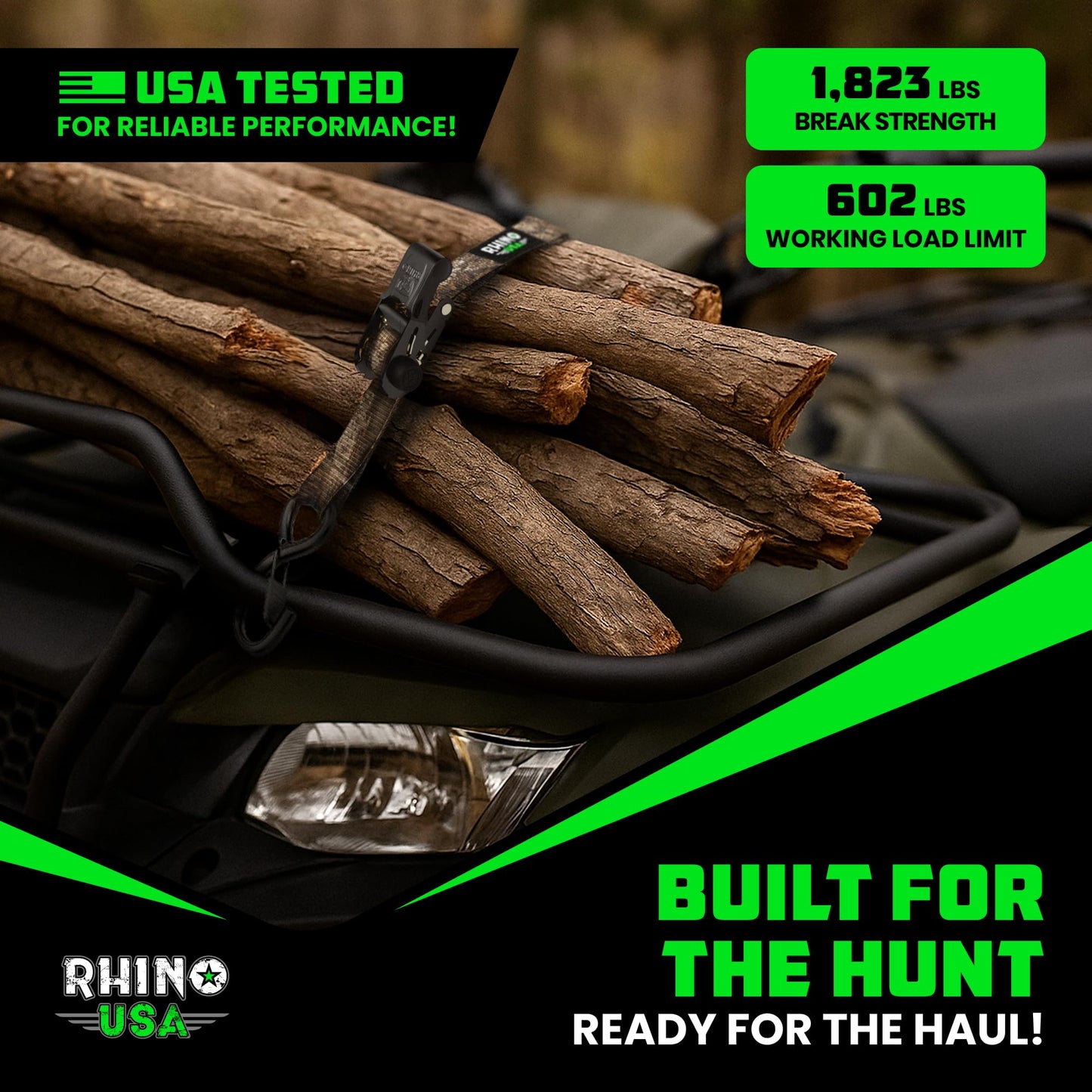 Rhino USA x Realtree Ratchet Straps Tie Downs (4PK) - 1" x15' (1,823lb Break Strength) - Ultimate Tie Down Straps with Safety S Hooks - for Trucks, Cargo, Moving, Appliances- Realtree APX Camo
