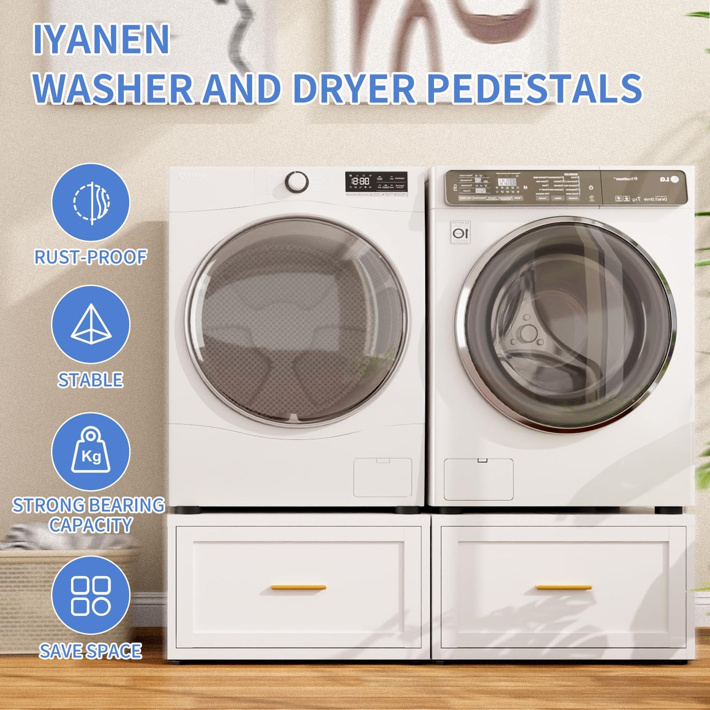 IYANEN 28” W Washer Dryer Pedestal, Heavy Duty Metal Washer Pedestal with Drawer, 440LBS Universal Laundry Pedestal, Washing Machine Stand with Adjustable Feet, 16'' Height (1pack-White)