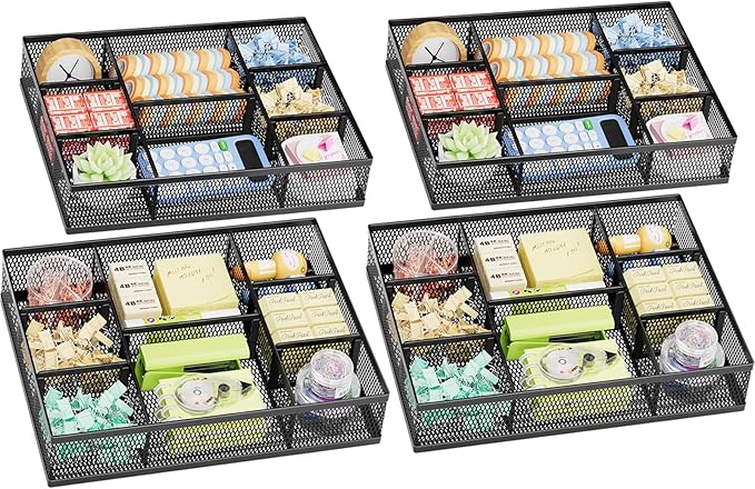 Marbrasse 2 Pack Desk Drawer Organizer, Mesh Drawer Organizer Tray with 8 Adjustable Compartments, Desk Organizers and Accessories, 5 Dividers Drawer for Office Supplies, Makeup & Vanity (Black-2P)