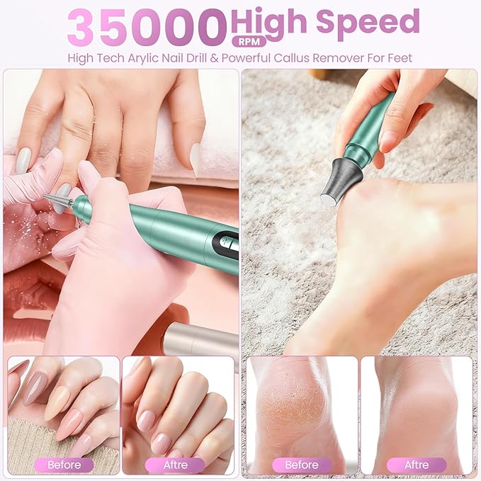 Cordless Nail Drill 35000RPM, Portable Electric Nail File for Acrylic Gel Nails, Professional Manicure Pedicure Kit, Rechargeable efile Set for feet with LCD Display, Low Noise Low Vibration-Green