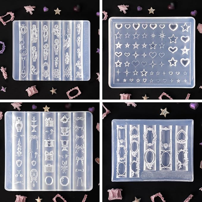 Laza 4pcs Silicone Nail Art Molds, 3D Virgin Mary, Mirror Frame, Heart, Bowknot Exquisite Silicone Y2K Nail Accessories with Carving Pen Resin Nail Art Mold Manicure Tools for DIY Salon Nail Design