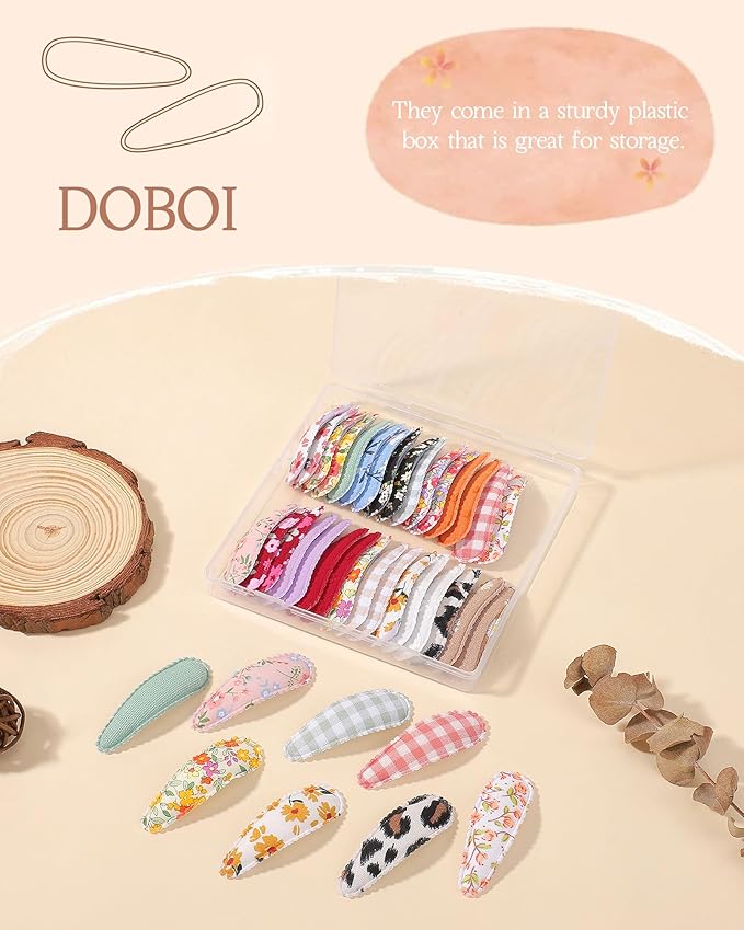doboi 40 Pcs Floral Print Snap Hairpins, Hair Bows Clips, and Barrettes for Girls - Non-Slip Wrapped Flower Clips Hair Accessories
