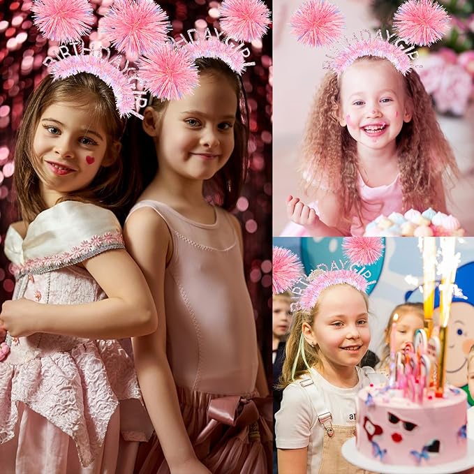 CIEHER Birtday Girl Crown Birthday Headband for Women Girls Bday Party Decorations - Pink Ball