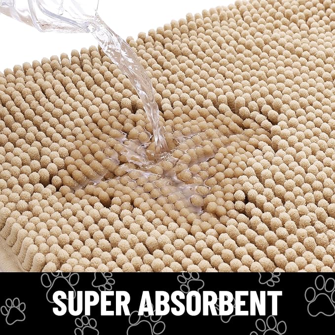 Smiry Dog Door Mat for Muddy Paws, Absorbent Dirt Trapper Non Slip Quick Dry Washable Chenille Mat for Mud Dogs, Entry Rug for Indoor and Outdoor (71x46 Inches, Beige and White)