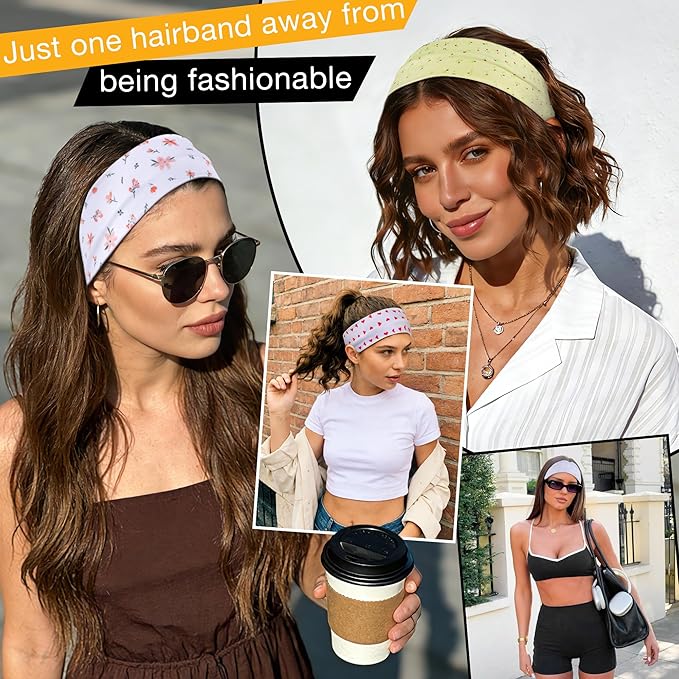 Ztomine 8 Pack Headbands for Women Non Slip - Stylish Sports Hair Bands for Women's Hair - Soft Cotton Cloth Stretchy Headbands for Women for Yoga, Outdoor Exercise Running