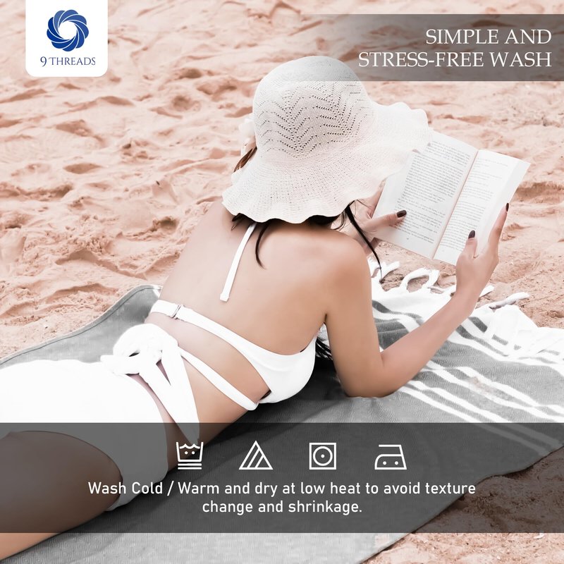 9Threads Cotton Turkish Beach Towel with Towels Oversized 36"x72" Pool Absorbent Extra Large Quick Dry Sand Travel Towel (Grey, 2 Pack)