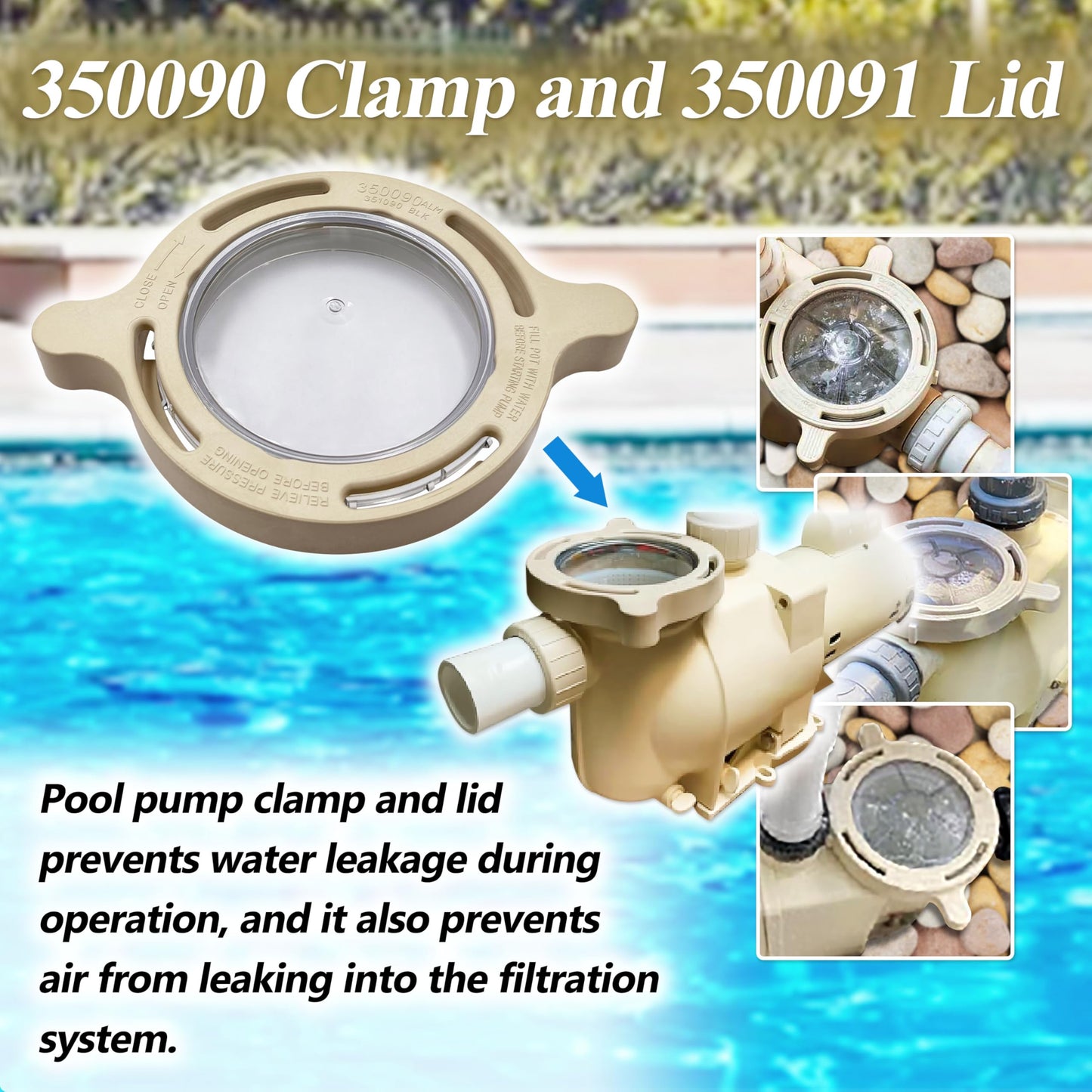 350090 Clamp and 350091 Lid Replacement for Superflo Inground Pool and Spa Pumps,Include O-ring,Complete Pool Pump Locking Ring Aftermarket Part.