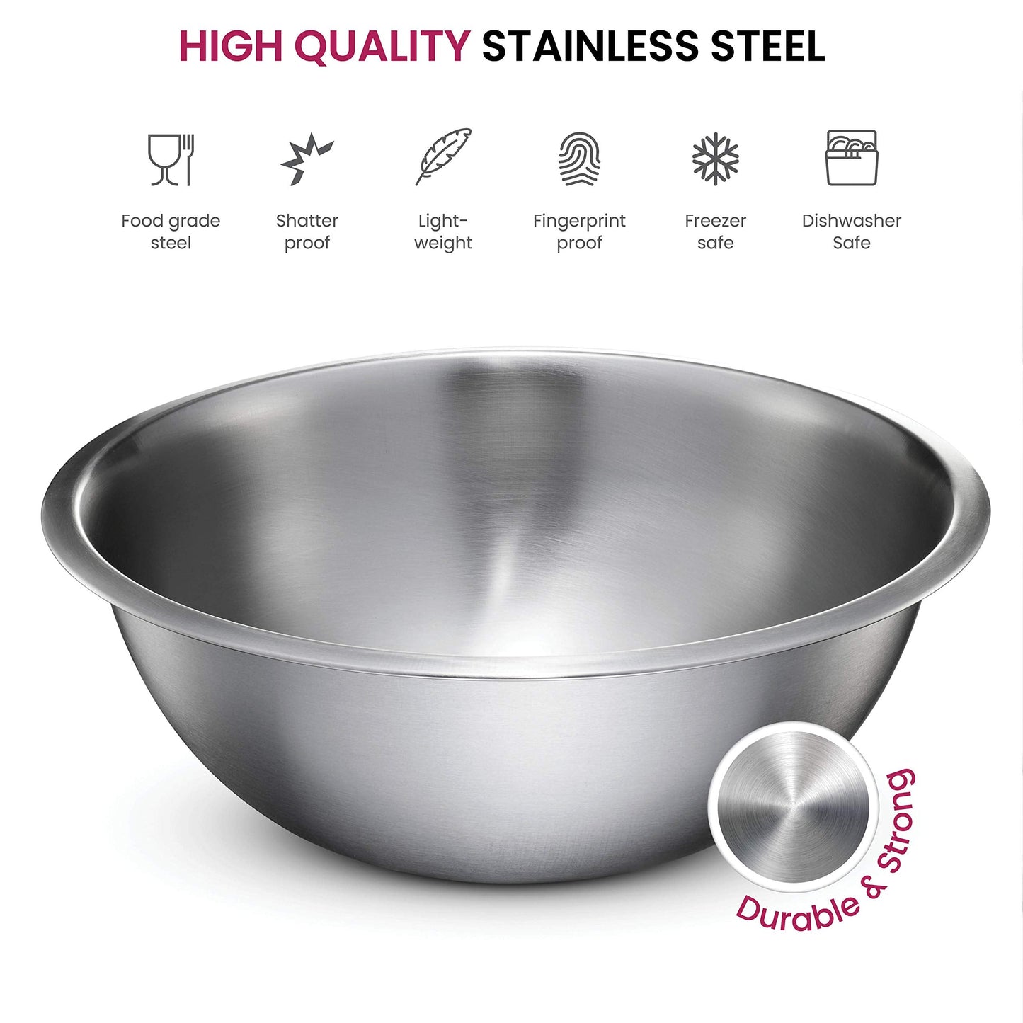 FineDine Stainless Steel Mixing Bowls (Set of 5) Stainless Steel Mixing Bowl Set - Easy To Clean, Nesting Bowls for Space Saving Storage, Great for Cooking, Baking, Prepping