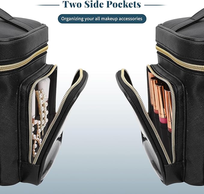 Makeup Bag, 2PCS Leather Large Travel Makeup Bag, Portable Waterproof Makeup Bag Organizer for Women with Makeup Brush Compartment, Cosmetic Travel Bag Vertical Storage Toiletry Bag, Black