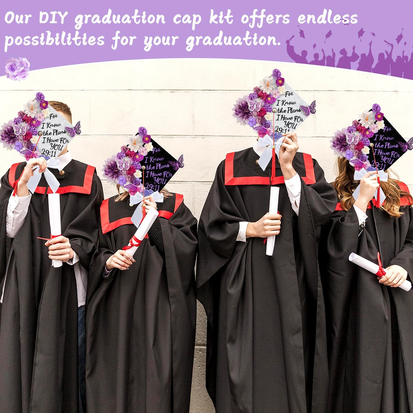 55 Pcs Purple DIY Graduation Cap Decorations Faux Assorted Flowers purple Bows 3D Butterfly Stickers Glitter Alphabet Letter Number Decals for DIY Hat Grad Cap Topper Graduation Party Supplies