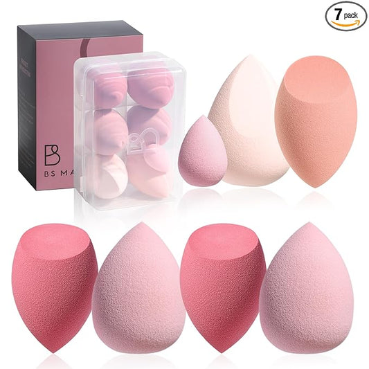 Makeup Sponge Set BS-MALL with Storage Case 7 Pcs for Liquid, Cream, and Powder,SAVE Foundation with 1 Mini Makeup Sponge For Travel Daily Use (A-Pink）
