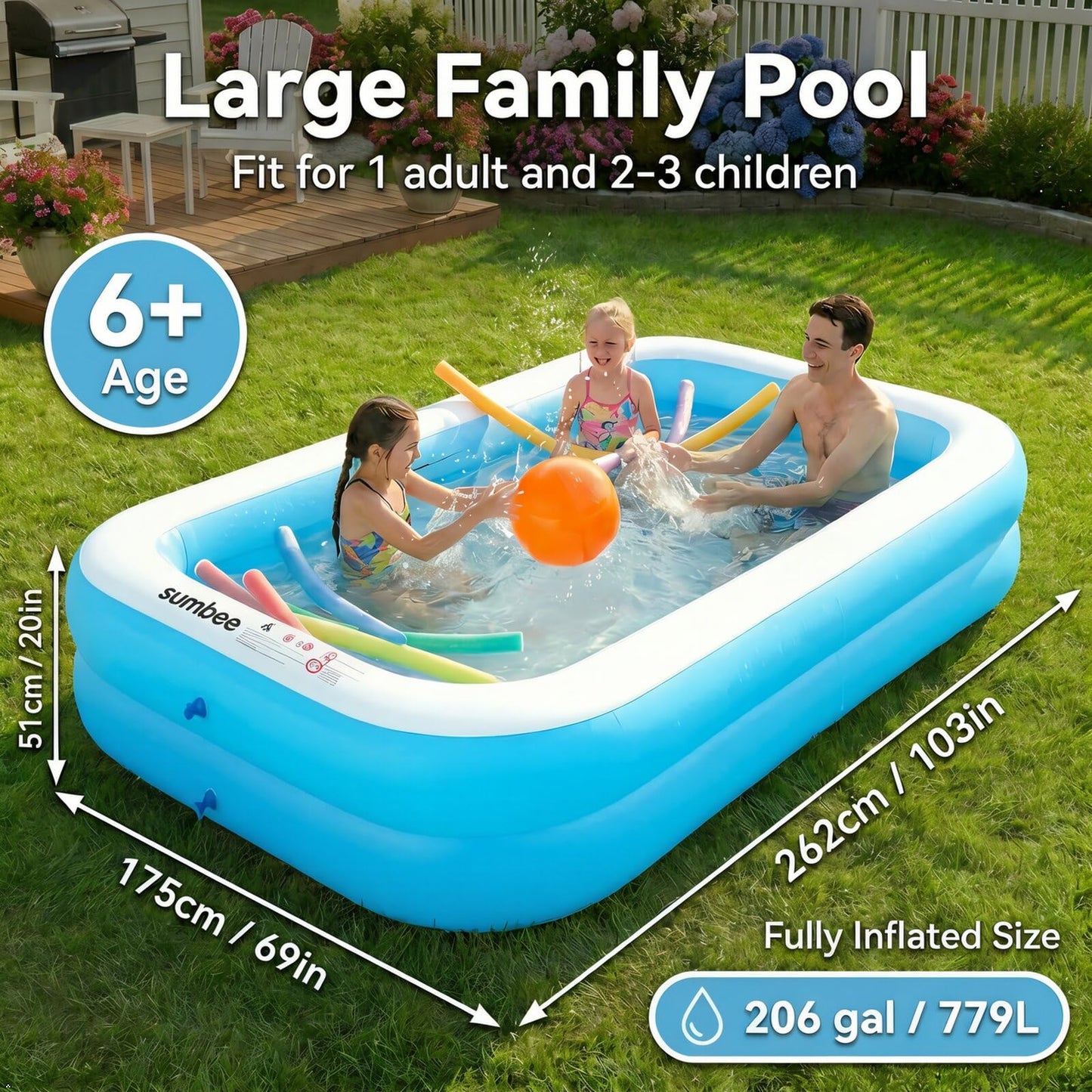 Sumbee Inflatable Pool for Kids and Adults, 103" x 69" x 20" Oversized Thickened Blow Up Swimming Family Pool for Toddlers Outdoor Patio Backyard Garden Deck Summer Party, Full Size Rectangular Blue