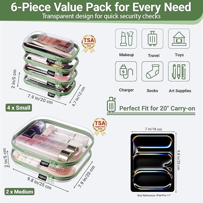 6 Pack Green Clear Hard Shell Beauty Organizer (2M+4S), 1.2mm Heavy Duty Crush-Proof Cosmetic Case, Reinforced YKK Zippers, Stadium Approved Security Bag for Skincare & Electronics, Multi-Size Set