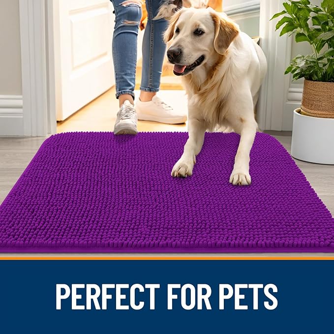 OLANLY Dog Door Mat for Muddy Paws 54x24, Absorbs Moisture and Dirt, Absorbent Non-Slip Washable Doormat, Quick Dry Chenille Mud Mat for Dogs, Entry Indoor Entryway Carpet for Inside Floor, Purple