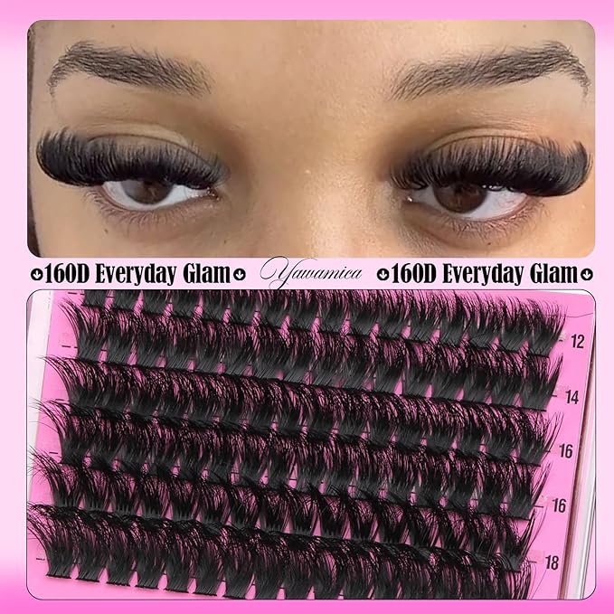 Yawamica Volume Lash Clusters Fluffy Wispy Eyelash Clusters 160D+300D Full Dramatic Cluster Eyelash Extensions 12-24mm Long Thick Individual Lashes DIY Salon Extensions by Self